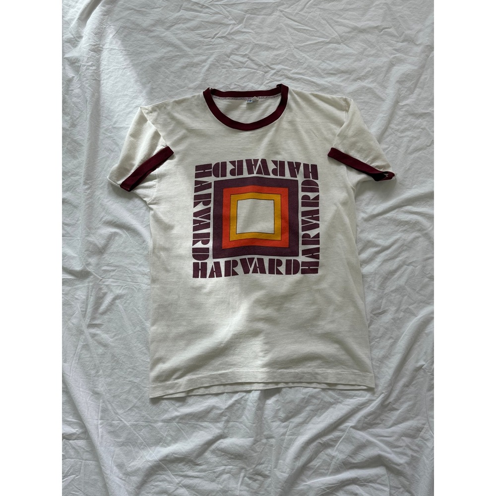 Vintage 70s Champion Harvard Ringer T-Shirt Blue Bar Tag White Maroon Medium
